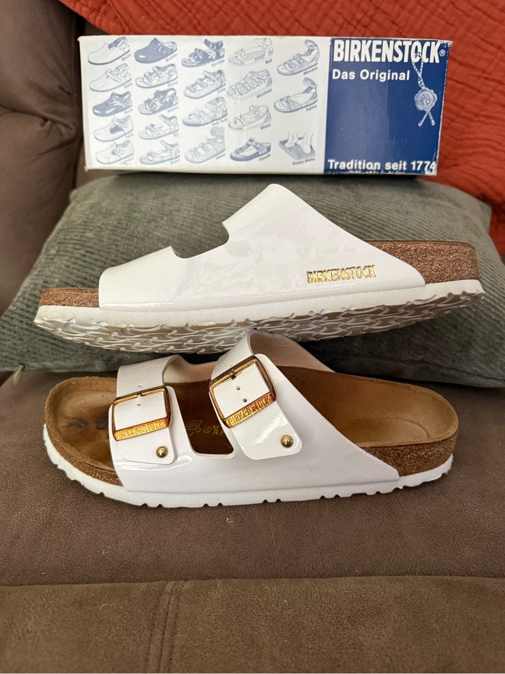 Birkenstock White Patent Two-Strap Sandals with Gold Buckles - Picture 3 of 4